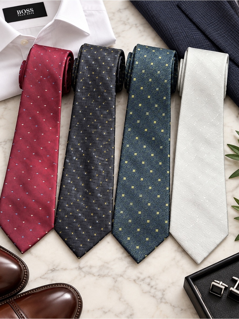 Bundle of 4 Hugo Boss 100% Silk Handmade Men’s Ties Geometric